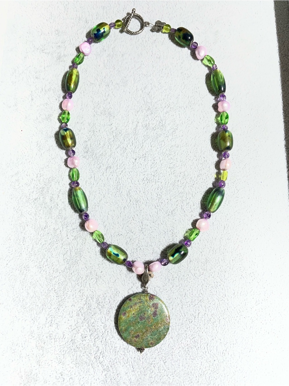Artisan Handmade Ruby Zoisite Pink Cultured Pearls Amethyst Beaded Necklace